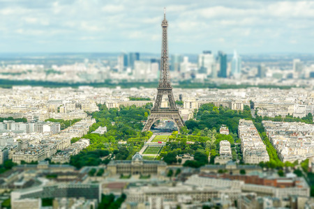 Panoramic aerial view of Paris from Tour Montparnasse. Tilt-shift effect applied