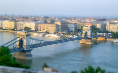 Chain Bridge over the Danube River, Budapest, Hungary. Tilt-shift effect appliedの写真素材
