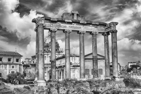 Ruins of the Temple of Saturn in the Roman Forum in Rome, Italyの写真素材