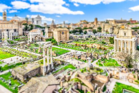 Scenic view over the ruins of the Roman Forum in Rome, Italy. Tilt-shift effect appliedの写真素材