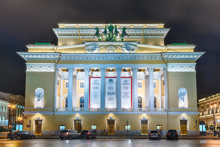 ST.PETERSBURG, RUSSIA - AUGUST 26: Facade of the Alexandrinsky Theatre at night, St. Petersburg, Russia on August 26, 2016. The theatre opened in 1832.のeditorial素材