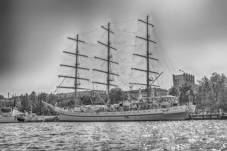 SEVASTOPOL, CRIMEA - AUGUST 24, 2016: Soviet and Russian Black Sea Fleet warships, standing in the quay of the Sevastopol bay, Crimeaのeditorial素材