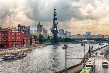 Aerial view over Moskva River and Peter the Great Statue in central Moscow, Russiaの写真素材