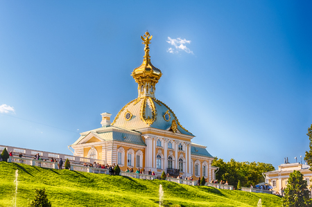 PETERHOF, RUSSIA - AUGUST 28: View of the Peterhof Palace and Gardens, Russia, on August 28, 2016. The Peterhof Palace and Gardens complex is recognized as a UNESCO World Heritage Siteのeditorial素材