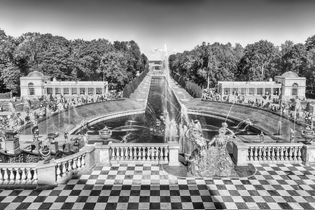 PETERHOF, RUSSIA - AUGUST 28: Scenic view from the terrace of Peterhof Palace, Russia, on August 28, 2016. The Peterhof Palace and Gardens complex is recognized as a UNESCO World Heritage Siteのeditorial素材