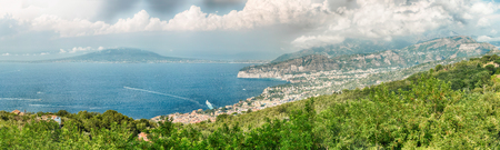 Panoramic aerial view of Mount Vesuvius and the town of Sorrento, Bay of Naples, Italyの写真素材