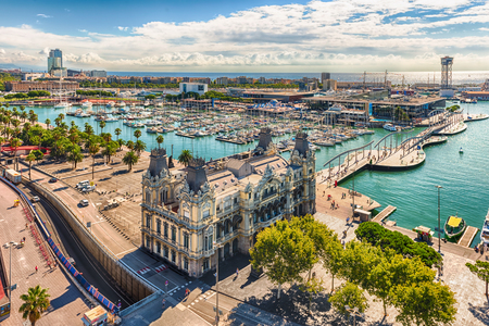 Scenic aerial view of Port Vell from the top of Columbus Monument, Barcelona, Catalonia, Spain