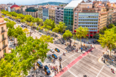 Aerial view of Passeig de Gracia in the Eixample district of Barcelona, Catalonia, Spain. Tilt-shift effect appliedの写真素材