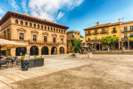 Plaza Mayor, main square in Poble Espanyol, an open-air architectural museum on the Montjuic hill in Barcelona, Catalonia, Spainの写真素材