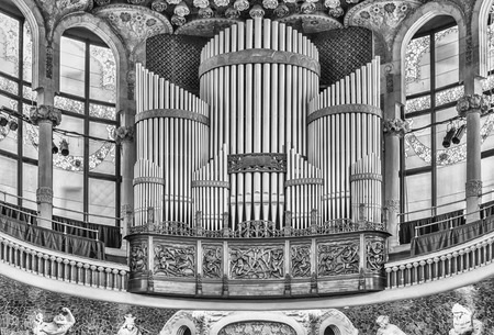 BARCELONA - AUGUST 8: Pipe organ of Palau de la Musica Catalana, modernist Concert Hall designed by the architect Lluis Domenech i Montaner in Barcelona, Catalonia, Spain, on August 8, 2017のeditorial素材