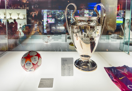 BARCELONA - AUGUST 11: Cup won by FC Barcelona in 2014-15 UEFA Champions League, shown at the Camp Nou Experience Tour and Museum, Barcelona, Catalonia, Spain, on August 11, 2017のeditorial素材