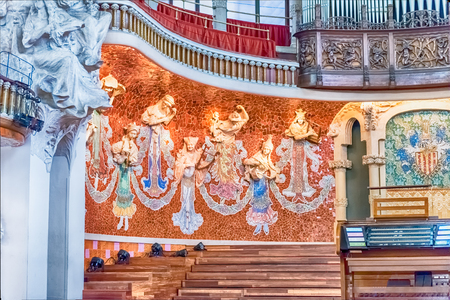 BARCELONA - AUGUST 8: Interior decorations of Palau de la Musica Catalana, modernist Concert Hall designed by the architect Lluis Domenech i Montaner in Barcelona, Catalonia, Spain, on August 8, 2017のeditorial素材