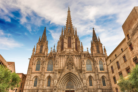 Scenic facade of the gothic Cathedral of the Holy Cross and Saint Eulalia, aka Barcelona Cathedral, Catalonia, Spainのeditorial素材