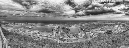 Panoramic aerial view over the commercial and industrial Port of Barcelona from Montjuic hill, Catalonia, Spainの写真素材