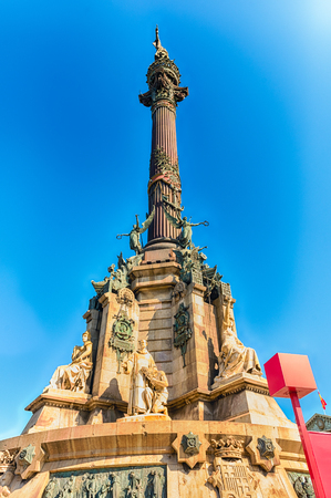 The iconic monument to Christopher Columbus at the lower end of La Rambla, Barcelona, Catalonia, Spainのeditorial素材