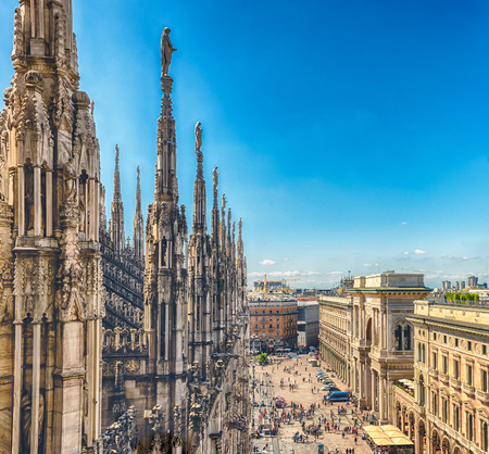 Scenic aerial view over the city centre, as seen from the roof of the gothic Cathedral, Milan, Italyのeditorial素材