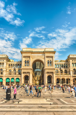 MILAN - SEPTEMBER 11: The main entrance of the Galleria Vittorio Emanuele II facing Piazza Duomo, iconic landmark in Milan, Italy, on September 11, 2017のeditorial素材