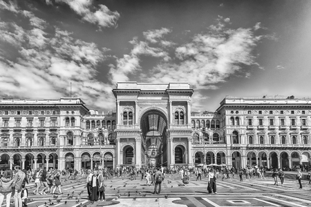 MILAN - SEPTEMBER 11: The main entrance of the Galleria Vittorio Emanuele II facing Piazza Duomo, iconic landmark in Milan, Italy, on September 11, 2017のeditorial素材