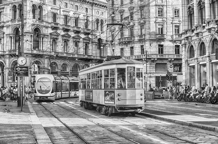 MILAN - SEPTEMBER 11: Iconic trams operating in the city centre of Milan, Italy, on September 11, 2017のeditorial素材
