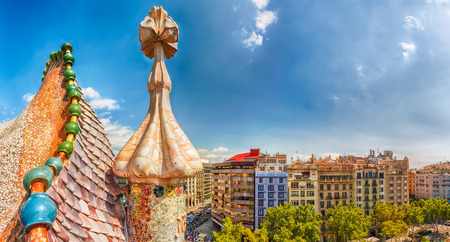 BARCELONA - AUGUST 9: Panoramic aerial view of the Eixample district from Casa Batllo, renowned building designed by Antoni Gaudi and iconic landmark in Barcelona, Catalonia, Spain, on August 9, 2017のeditorial素材