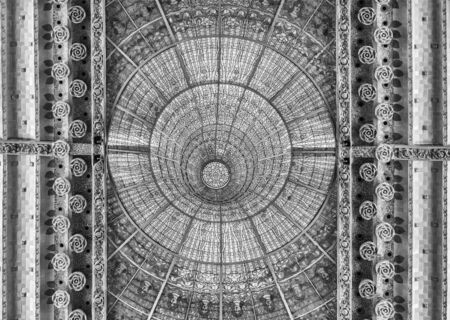 BARCELONA - AUGUST 8: Stained-glass skylight of Palau de la Musica Catalana, modernist Concert Hall designed by the architect Lluis Domenech i Montaner in Barcelona, Catalonia, Spain, August 8, 2017のeditorial素材