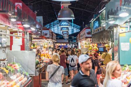 BARCELONA - AUGUST 8: Inside La Boqueria, large public market on La Rambla, Barcelona, Catalonia,...