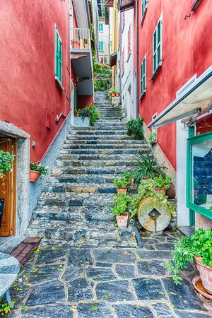 Scenic alley in the picturesque village of Varenna on the eastern shore of Lake Como, Italyの写真素材