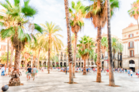 Defocused background of the scenic Placa Reial in Barcelona, Catalonia, Spain. Intentionally blurred post production for bokeh effectの写真素材