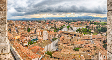 Panoramic view over the roofs of Gubbio, one of the most beautiful medieval towns in central Italyの写真素材
