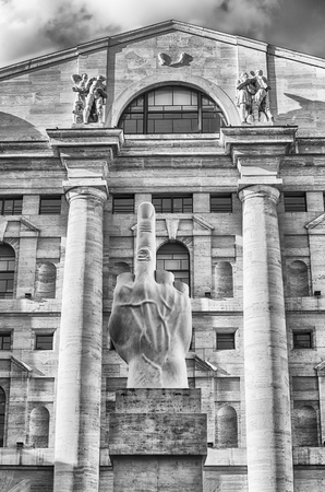 Facade of Palazzo Mezzanotte (in english: Midnight Palace), seat of the Italian stock exchange in Milan, Italyのeditorial素材