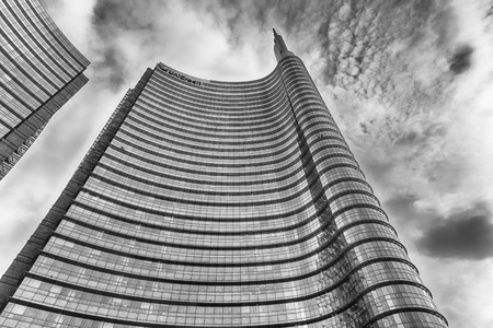 MILAN - MARCH 30: Unicredit Tower, iconic skyscraper which is part of a group of residential and business buildings in Piazza Gae Aulenti, Porta Nuova district, Milan, Italy, as seen on March 30, 2018のeditorial素材