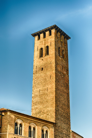 Tower of the Palazzo della Ragione, a medieval town hall building and landmark in Piazza delle Erbe, Padua, Italyの写真素材