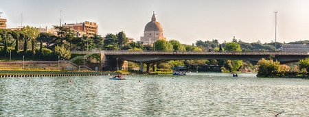 Scenic view over the artificial lake in the EUR district, Rome, Italyの写真素材