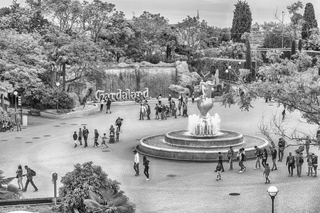 CASTELNUOVO DEL GARDA, ITALY - MAY 1: Aerial view inside Gardaland Amusement Park, near Lake Garda, Italy, May 1, 2018. The park attracts nearly 3 million visitors every yearのeditorial素材