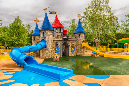 CASTELNUOVO DEL GARDA, ITALY - MAY 1: Playground area inside Gardaland Amusement Park, near Lake Garda, Italy, May 1, 2018. The park attracts nearly 3 million visitors every yearのeditorial素材
