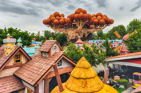 CASTELNUOVO DEL GARDA, ITALY - MAY 1: Giant tree inside Gardaland Amusement Park, near Lake Garda, Italy, May 1, 2018. The park attracts nearly 3 million visitors every yearのeditorial素材