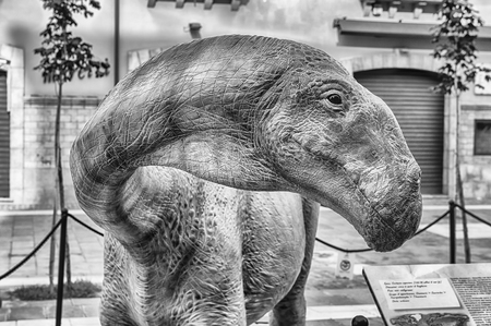 COSENZA, ITALY - AUGUST 25: Dinosaur featured  in the open air exhibition held in Cosenza, Italy, August 25, 2018.のeditorial素材