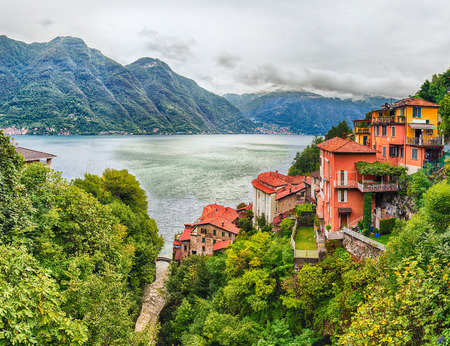 Panoramic view over the Lake Como, as seen from the town of Bellano, Italyの写真素材