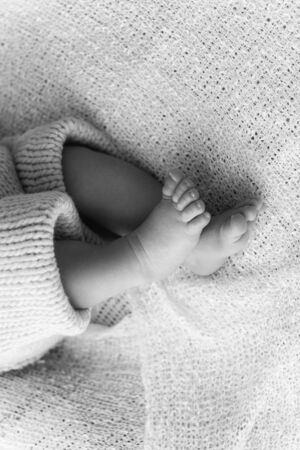 Closeup of a newborn baby feet with beautiful selective focus. Concept for maternity and tendernessの写真素材