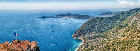 Scenic aerial view from the town of Ãze over the beautiful coastline near the city of Nice, Cote d'Azur, France. It is one of the most renowned tourist site of the French Rivieraの写真素材