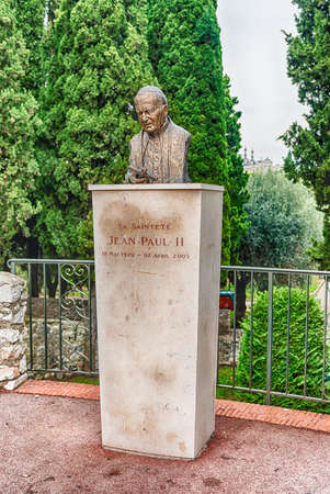 Bronze bust of Pope John Paul II, located in the Cimiez neighborhood in Nice, Cote d'Azur, Franceのeditorial素材