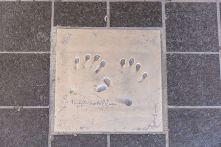 CANNES, FRANCE - AUGUST 15: The imprint of the hands of the famous italian actress Isabella Rosselini on the sidewalk in front of the Palais des Festivals et des Congres, Cannes, Cote d'Azur, France, as seen on August 15, 2019のeditorial素材