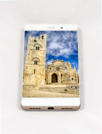 Modern smartphone with full screen picture of Erice Cathedral, Italy. Concept for travel smartphone...