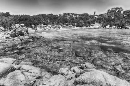 View over the enchanting beach of Capriccioli, one of the most beautiful seaside places in northern Sardinia, Italyの写真素材