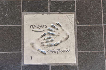 CANNES, FRANCE - AUGUST 15: The imprint of the hands of the famous actress Meg Ryan on the sidewalk...