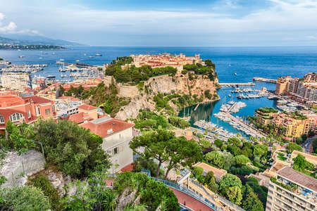Panoramic view of Monte Carlo, La Condamine, Monaco City and the port of Fontvieille, Principality of Monaco, Cote d'Azur, French Rivieraのeditorial素材