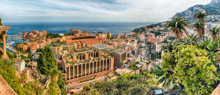 Panoramic view of Fontvieille district and Louis II stadium in the Principality of Monaco, Cote d'Azur, French Rivieraのeditorial素材