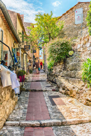 EZE, FRANCE - AUGUST 14: Medieval architecture of Eze, village near the city of Nice, Cote d'Azur, France, as seen on August 14, 2019. It's one of the most renowned tourist site of the French Rivieraのeditorial素材