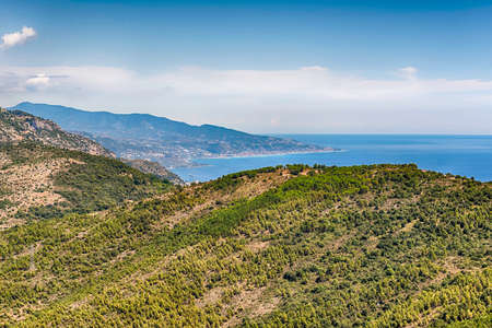 Scenic view over the coastline of the French Riviera near the town of Eze, iconic village near the...