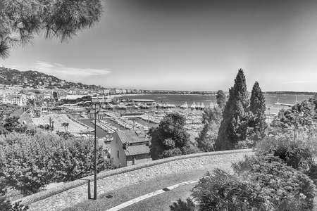Aerial view over the Vieux Port (Old Harbor) and the city center of Cannes, Cote d'Azur, Franceの写真素材